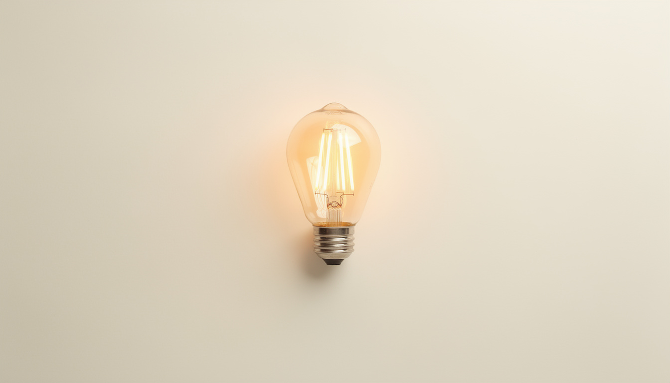 A glowing Edison filament light bulb emits warm amber light against an off-white background.