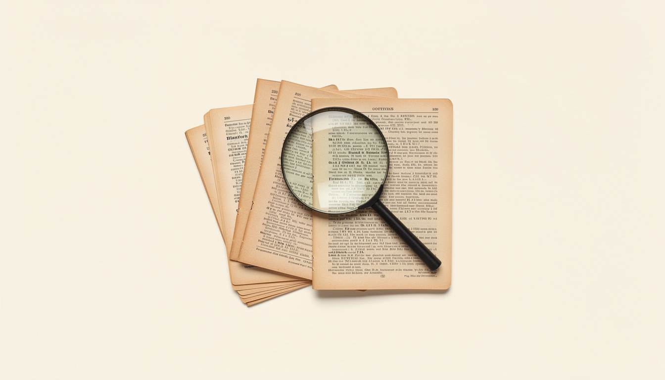 A magnifying glass rests on a fanned-out stack of aged dictionary pages, enlarging the printed text beneath it.