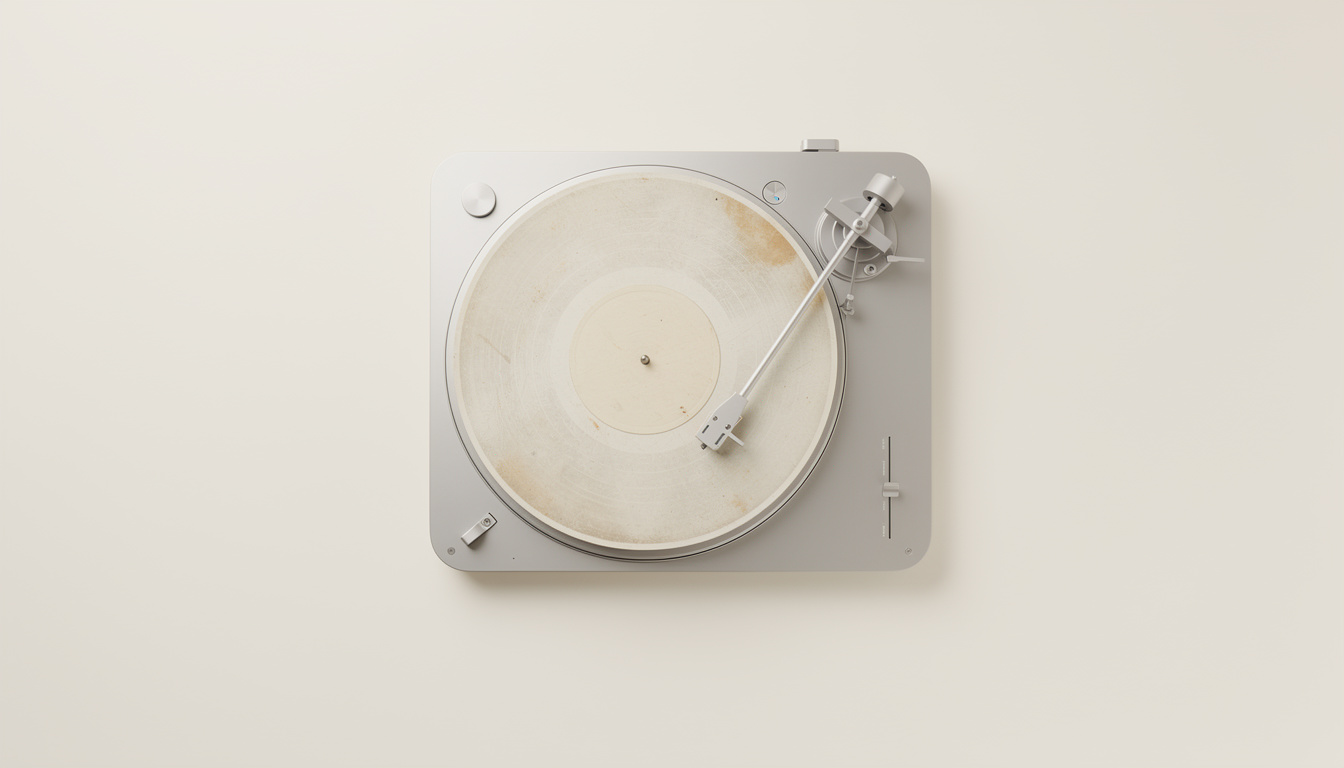 A minimalist silver turntable seen from above, with its tonearm resting on an aged, off-white vinyl record.