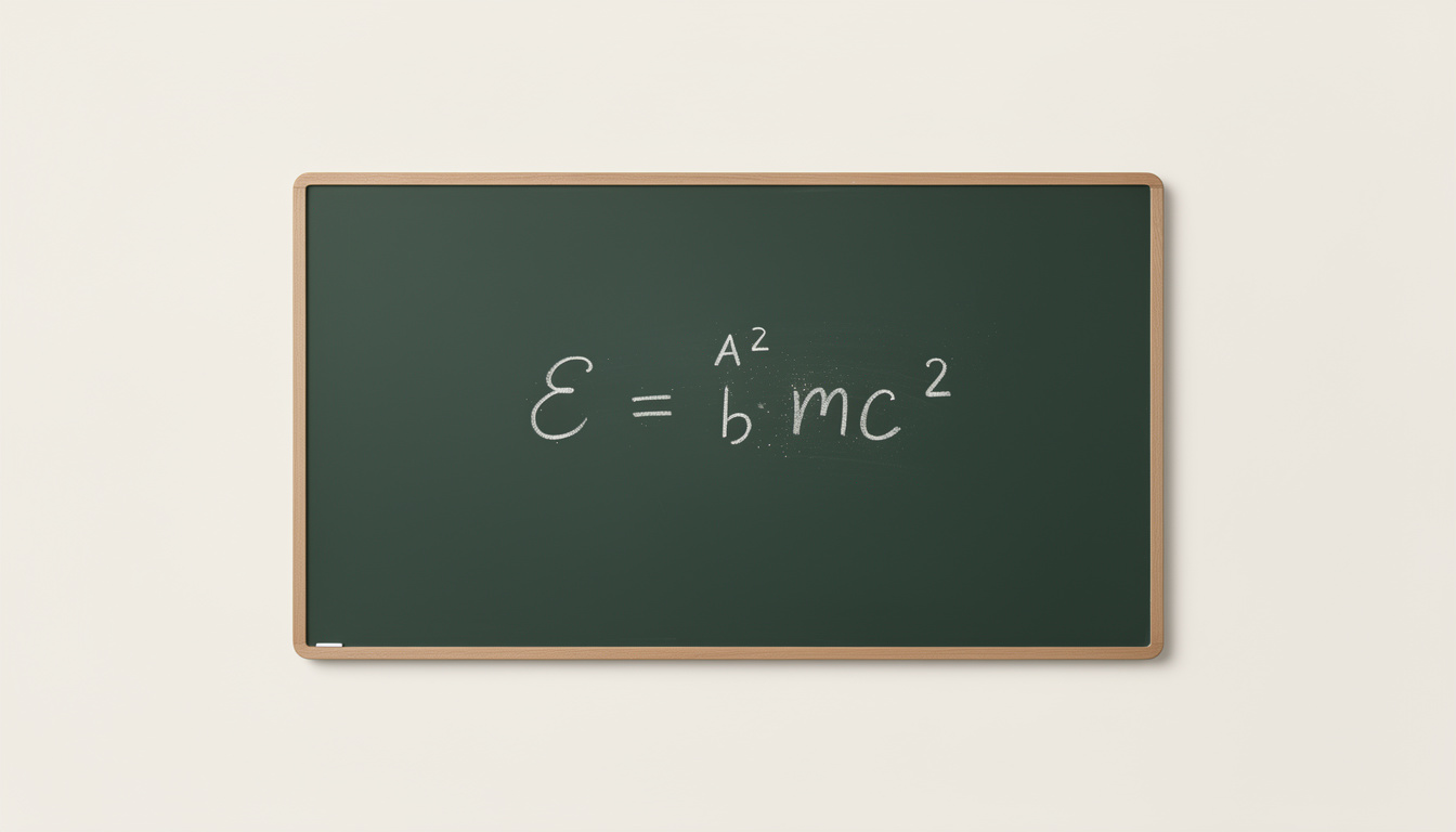 A wooden-framed green chalkboard mounted on a plain wall, featuring an equation written in white chalk.
