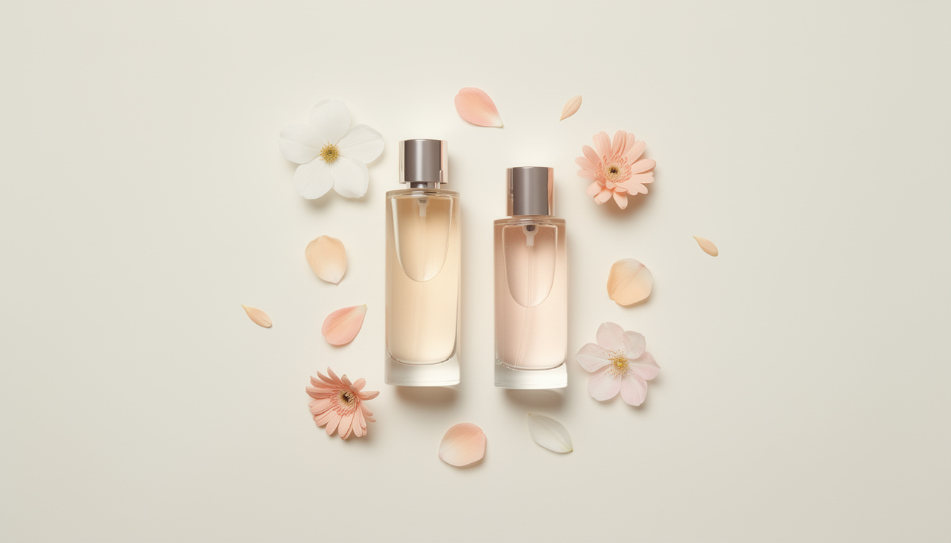 Two clear perfume spray bottles surrounded by scattered pastel pink and white flowers and petals.