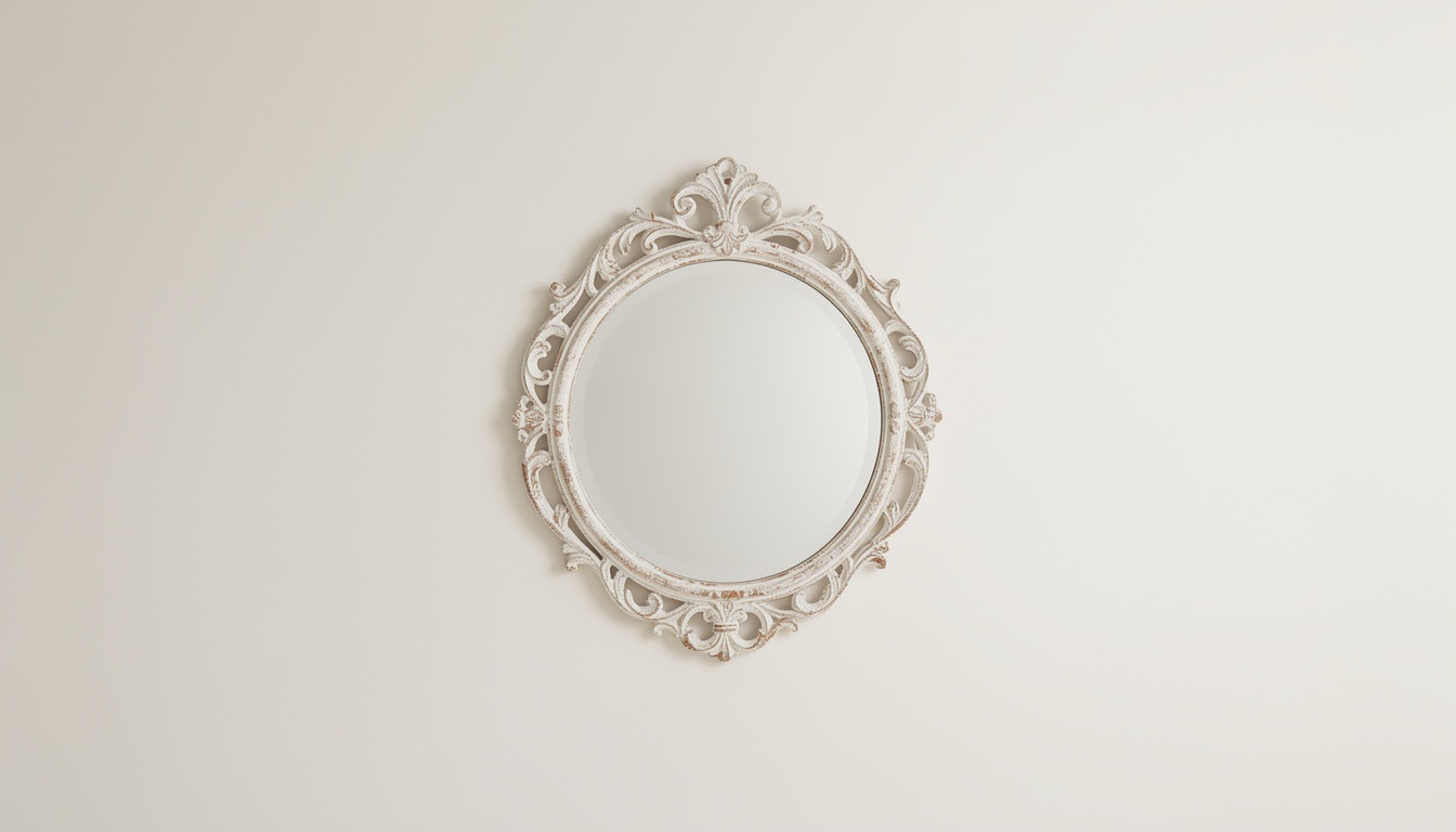 An ornate round mirror with a distressed white carved baroque frame hangs against a plain neutral wall.