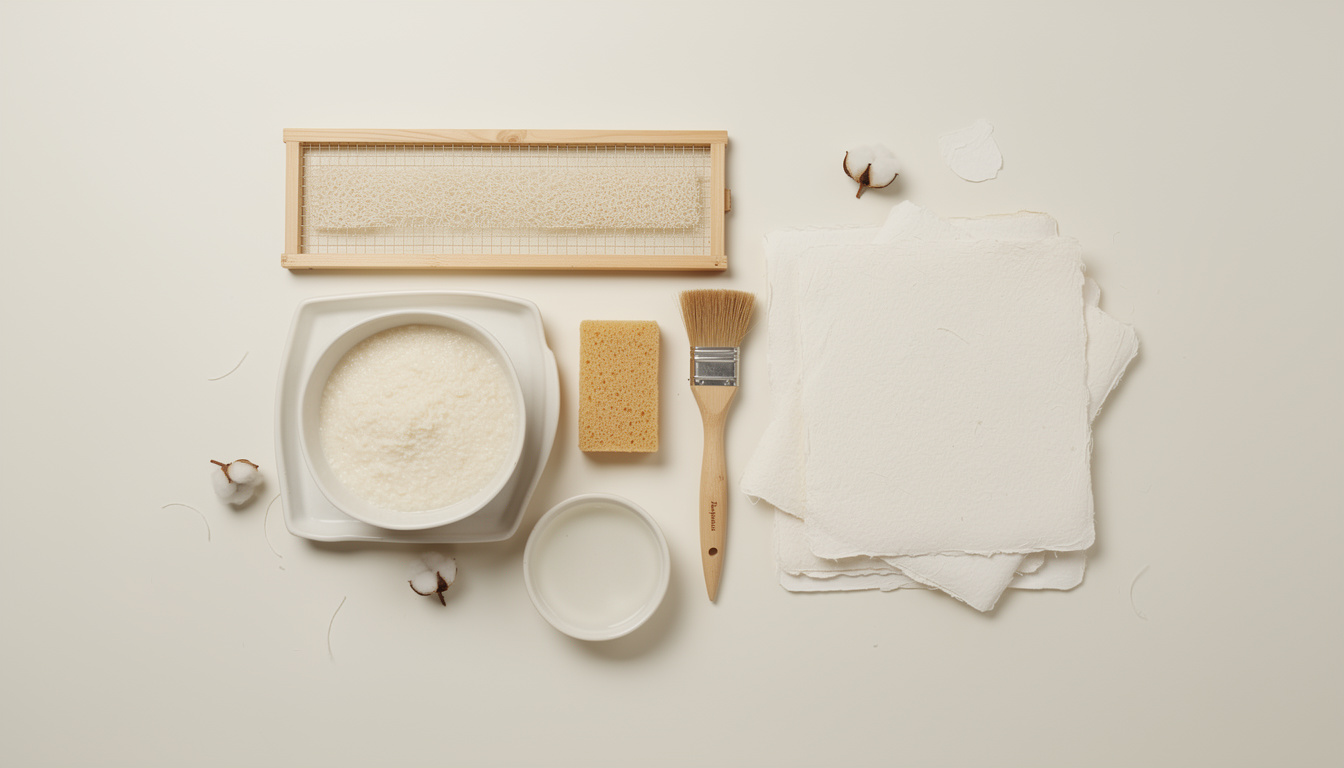 Papermaking supplies including paper pulp in a bowl, a wooden mould, a brush, a sponge, and a stack of handmade paper.