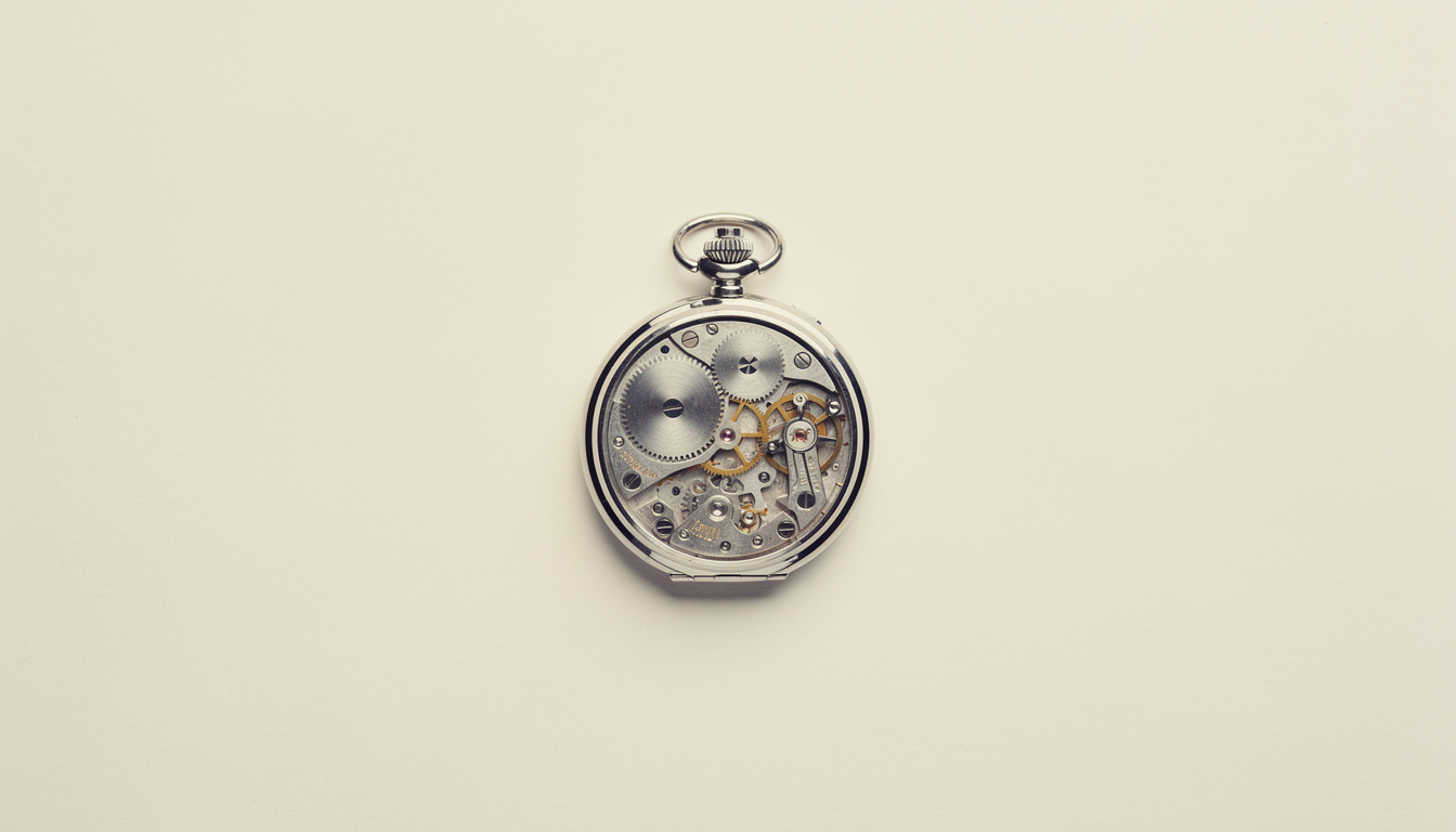 A mechanical pocket watch with its back removed, exposing the intricate gears and internal clockwork movement.