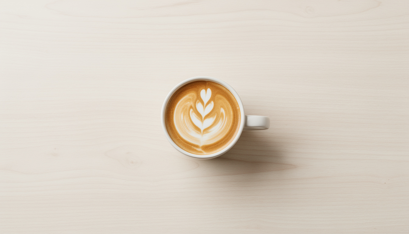 A white cup of cappuccino with foam latte art, viewed from directly above on a light wooden table.
