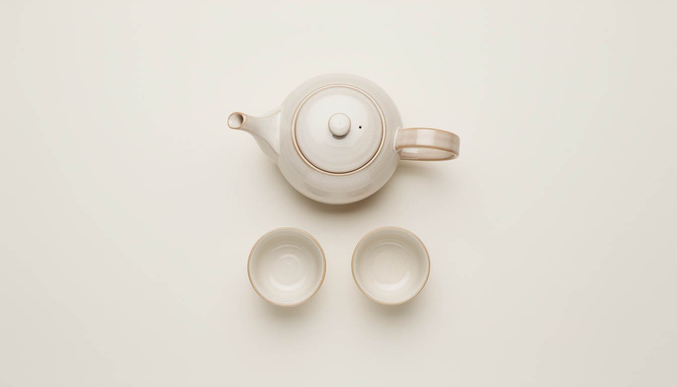 A cream ceramic teapot and two small matching teacups viewed from directly above.