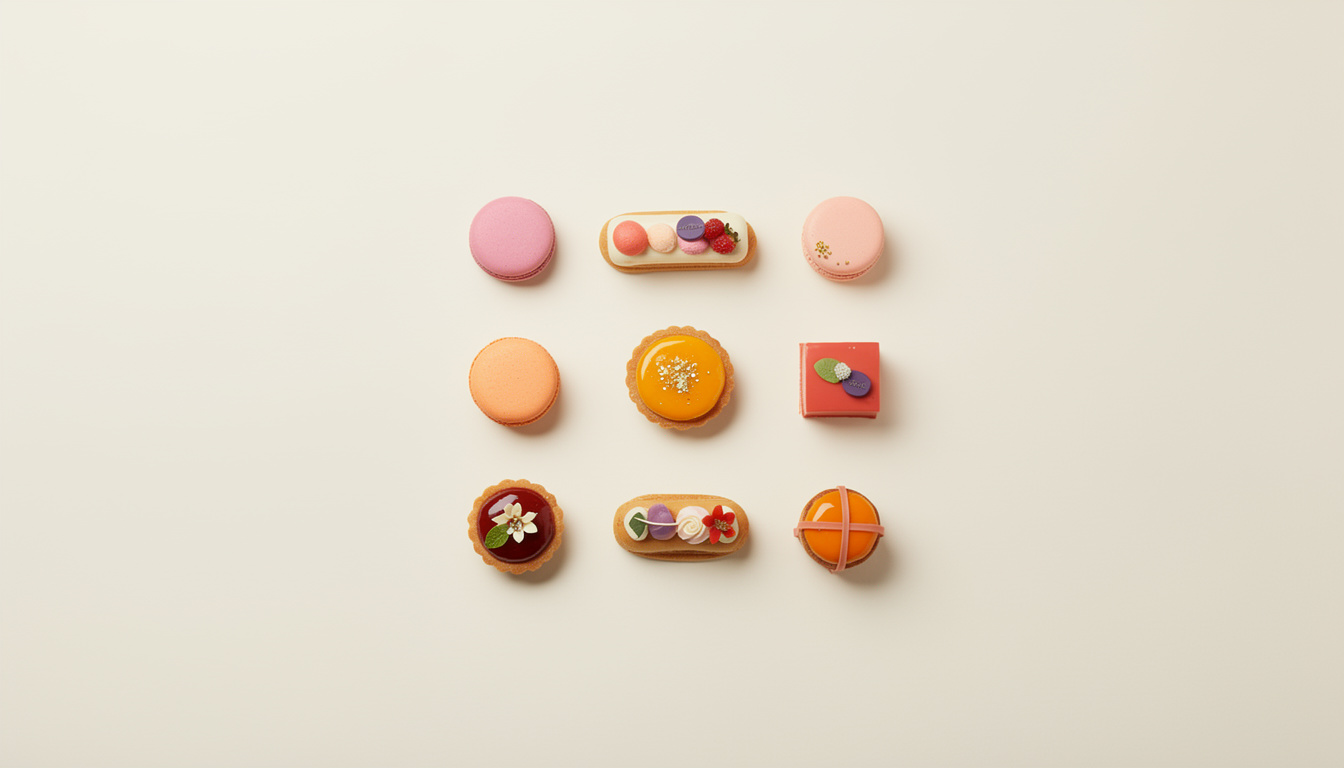 Nine colorful French pastries, including macarons and decorated tarts, are neatly arranged in a three-by-three grid.