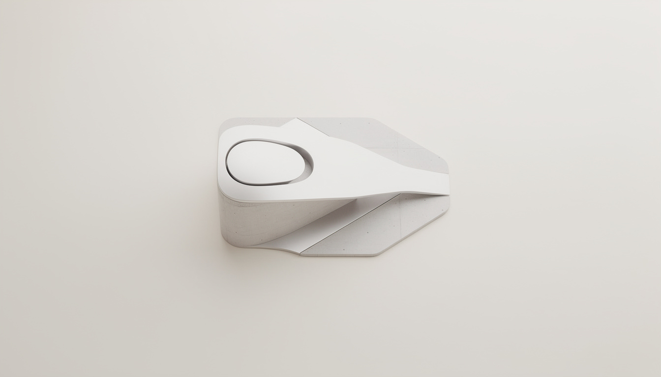 A minimalist architectural model with sleek curved white panels and a concrete base featuring an oval recess.