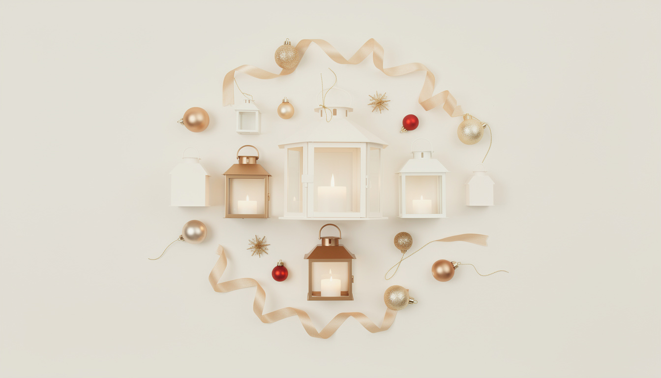 Lit candle lanterns are arranged in a circle surrounded by festive baubles, small star ornaments, and satin ribbons.