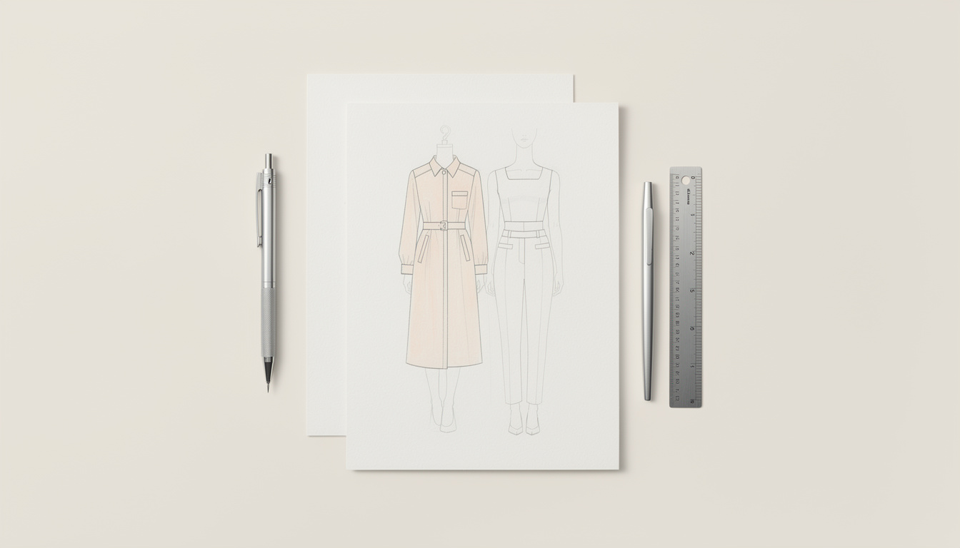 A fashion sketch of two figures in stylish outfits sits between a mechanical pencil, pen, and metal ruler.