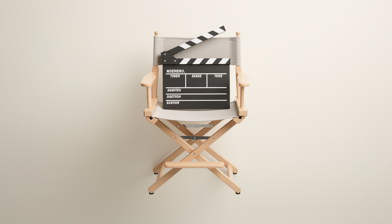A wooden folding director's chair holds an open black-and-white film clapperboard on its canvas seat.