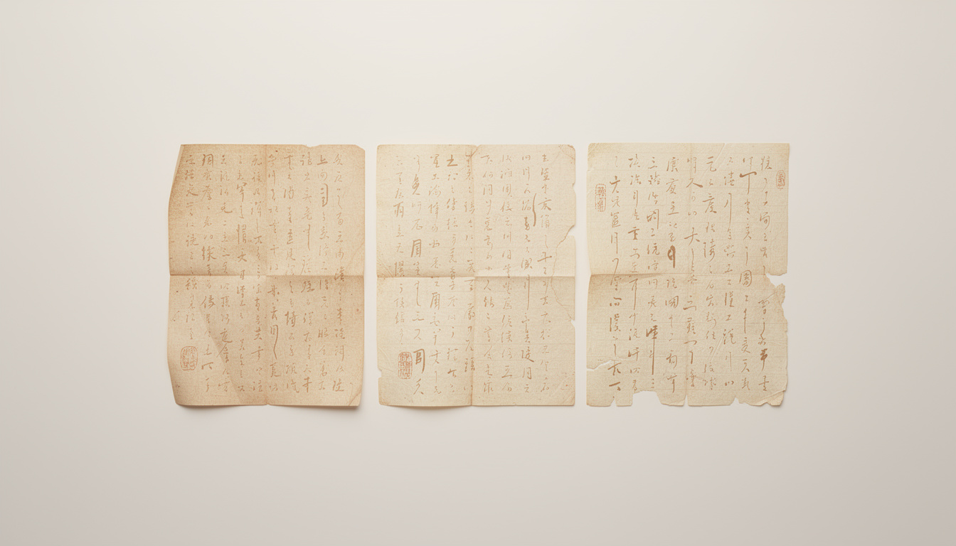 Three aged, folded paper manuscripts covered in vertical handwritten calligraphy and red seal stamps.