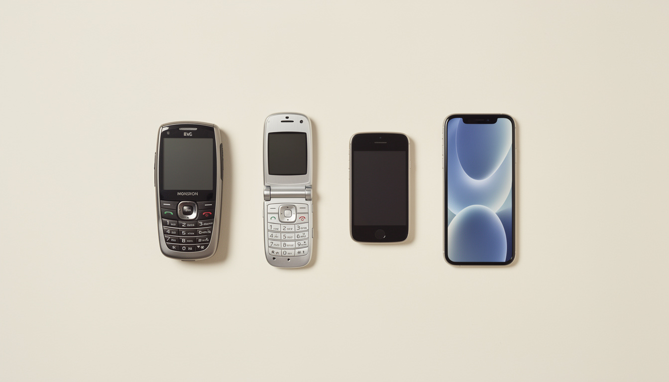 Four mobile phones in a row, showing the evolution from vintage keypad and flip phones to early and modern smartphones.