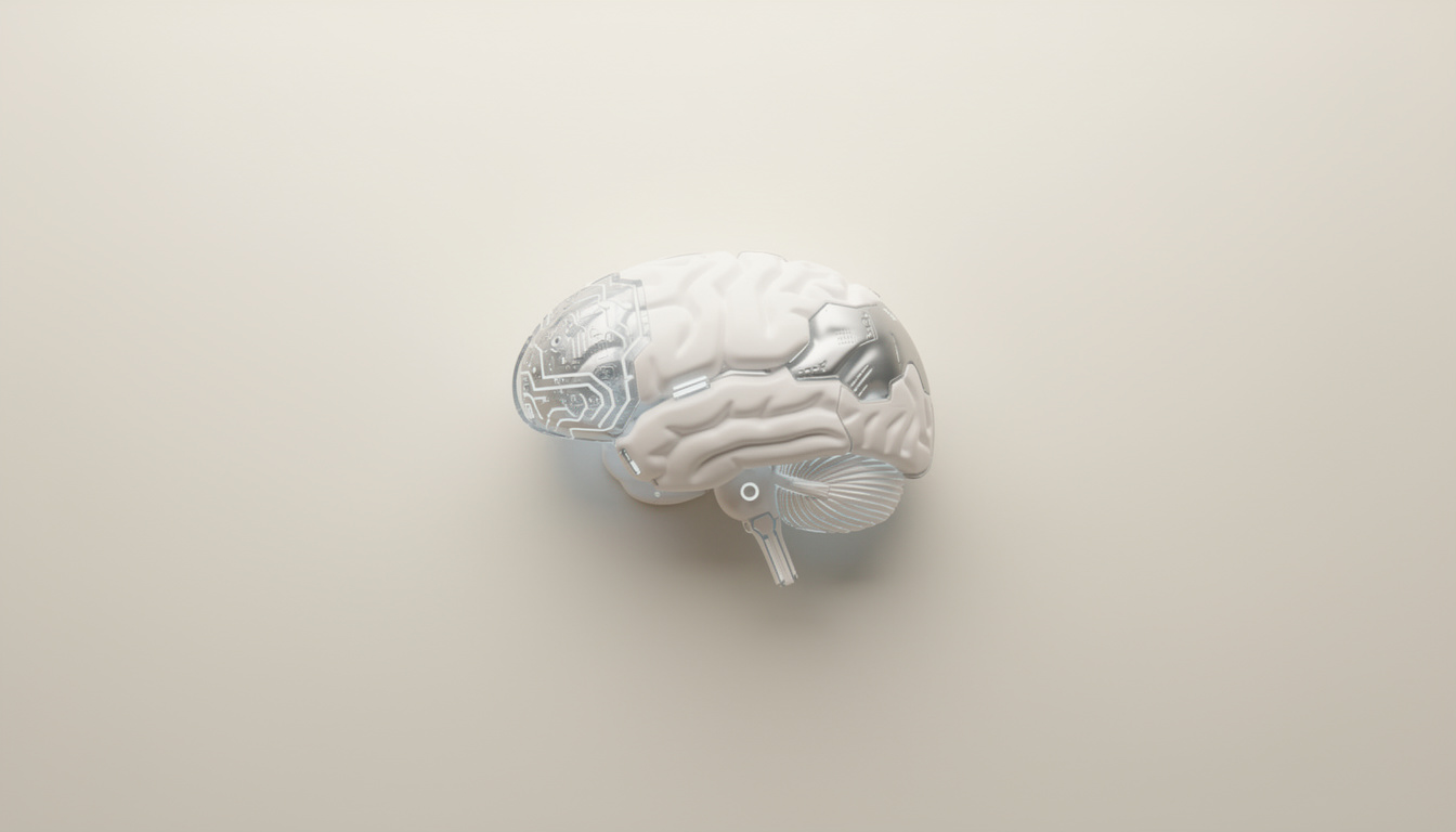 A futuristic brain model with white cortical folds, transparent circuit board sections, and metallic components.