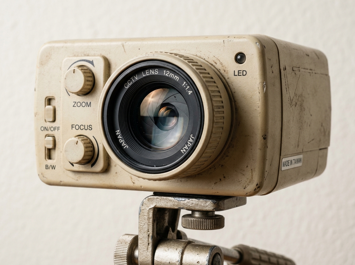 A retro beige CCTV camera with manual zoom and focus knobs, mounted on a metal stand.