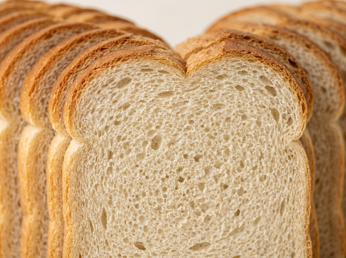 Slices of white sandwich bread with golden-brown crusts and porous crumb arranged in rows.