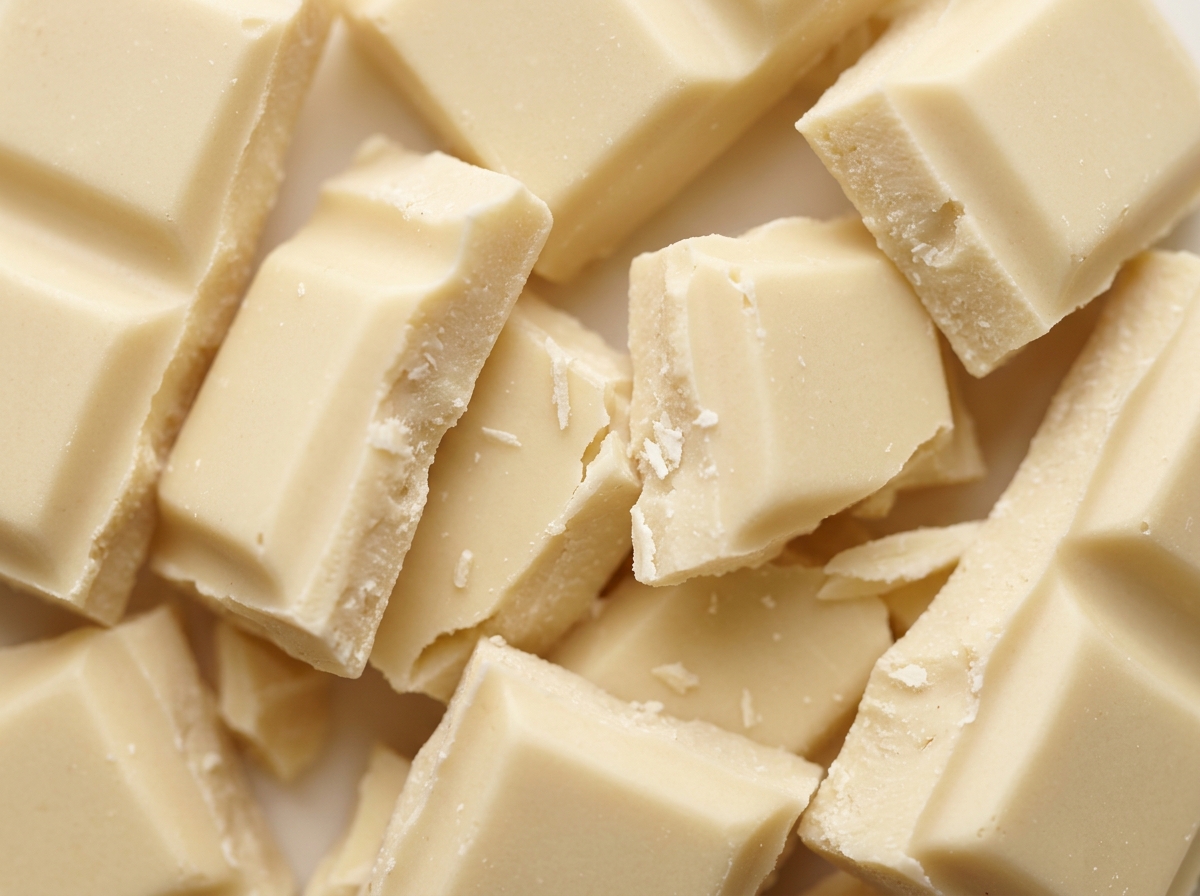 Broken chunks and squares of creamy white chocolate with scattered crumbs.