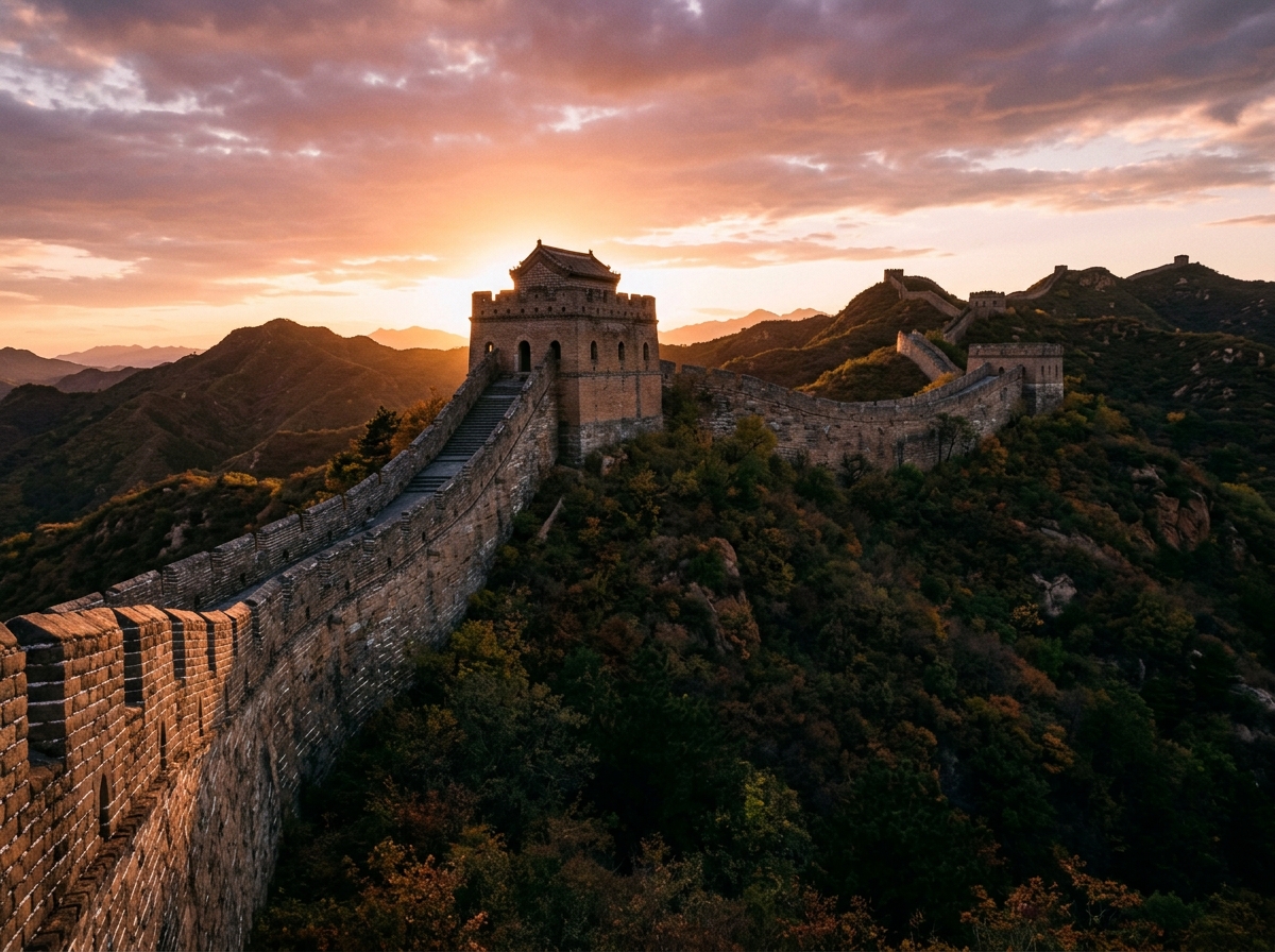 The Great Wall of China winds along rugged mountain ridges with stone watchtowers under a warm sunset sky.