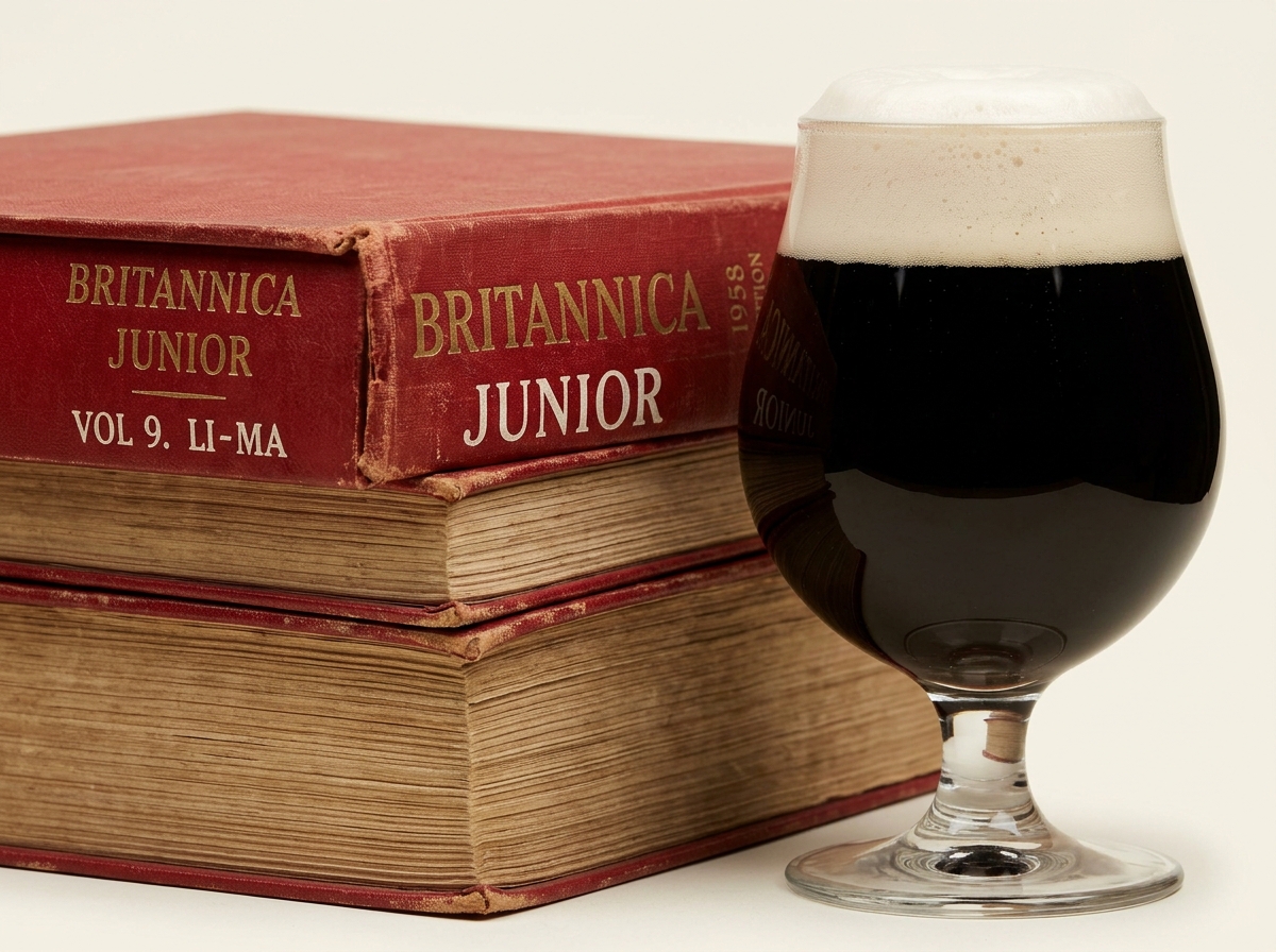 A glass of dark beer with a thick head stands beside two stacked red vintage Britannica Junior encyclopedias.