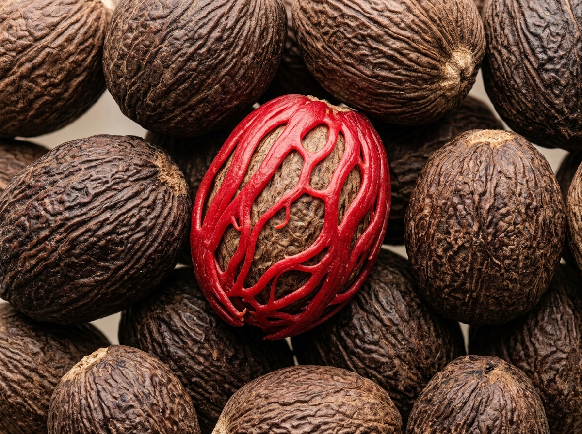 A nutmeg seed wrapped in a vibrant red lacy aril sits surrounded by textured brown nutmegs.