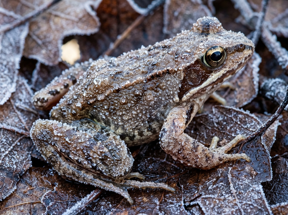 A brown wood frog covered in white frost crystals rests on a bed of frozen fallen leaves.