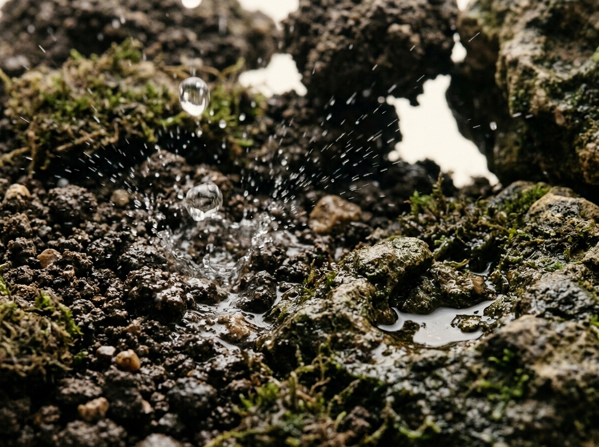 Water droplets fall and splash onto damp, dark soil covered with patches of green moss and stones.
