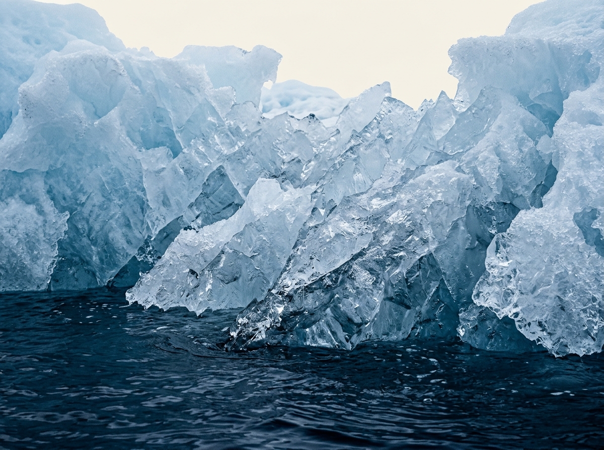 Jagged, crystalline blue icebergs float in dark ocean waters under a pale sky.