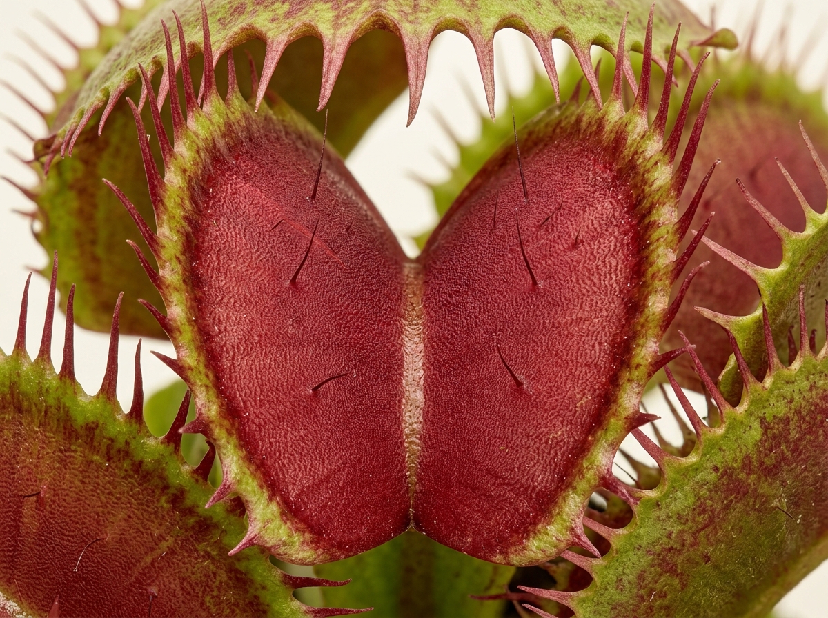 An open Venus flytrap leaf displays a deep red interior dotted with fine trigger hairs and edged with pointed spines.