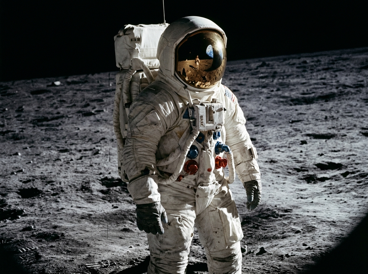 An astronaut in a white spacesuit stands on the lunar surface, his gold visor reflecting another astronaut and the lander.