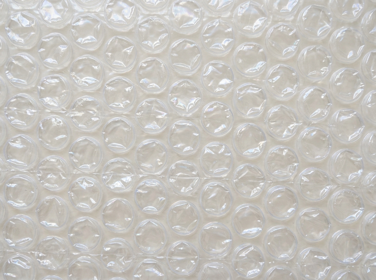 A sheet of clear plastic bubble wrap with rows of evenly spaced circular air bubbles.