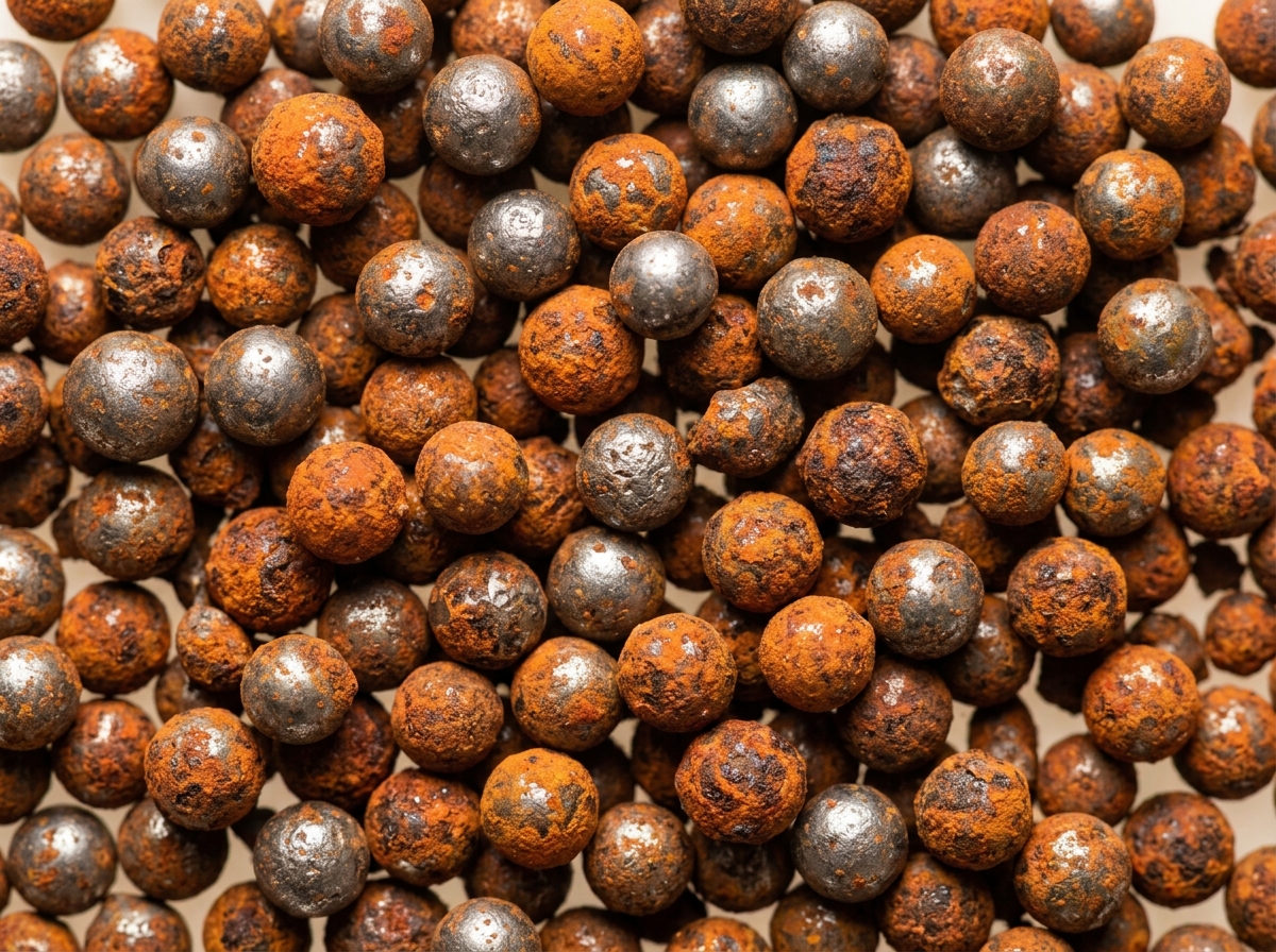 A pile of small metal pellets tightly packed together, some showing shiny gray surfaces and others coated in reddish-brown rust.
