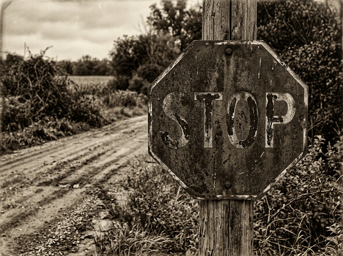 A weathered, rusty octagonal stop sign is mounted on a wooden post beside a rutted dirt road in a rural landscape.
