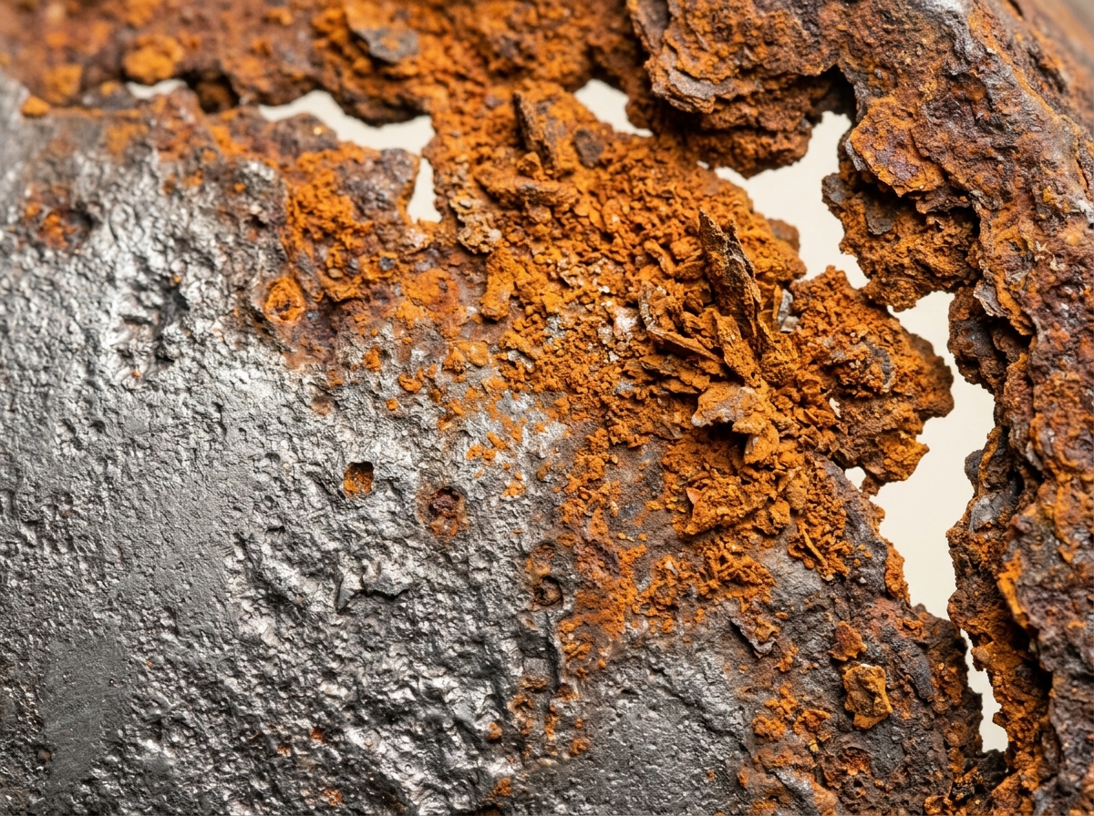 Extreme close-up of a heavily corroded metal surface covered with rough, flaky reddish-orange rust and deep pits.