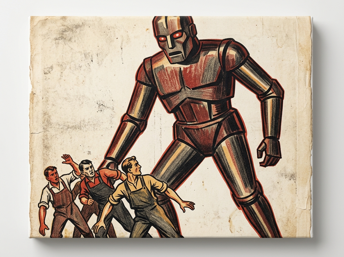 A giant metallic robot with glowing red eyes looms over three frightened workers dressed in overalls.