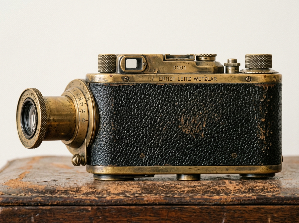 A vintage brass Leitz camera with textured black leather and an extended lens rests on a weathered leather surface.