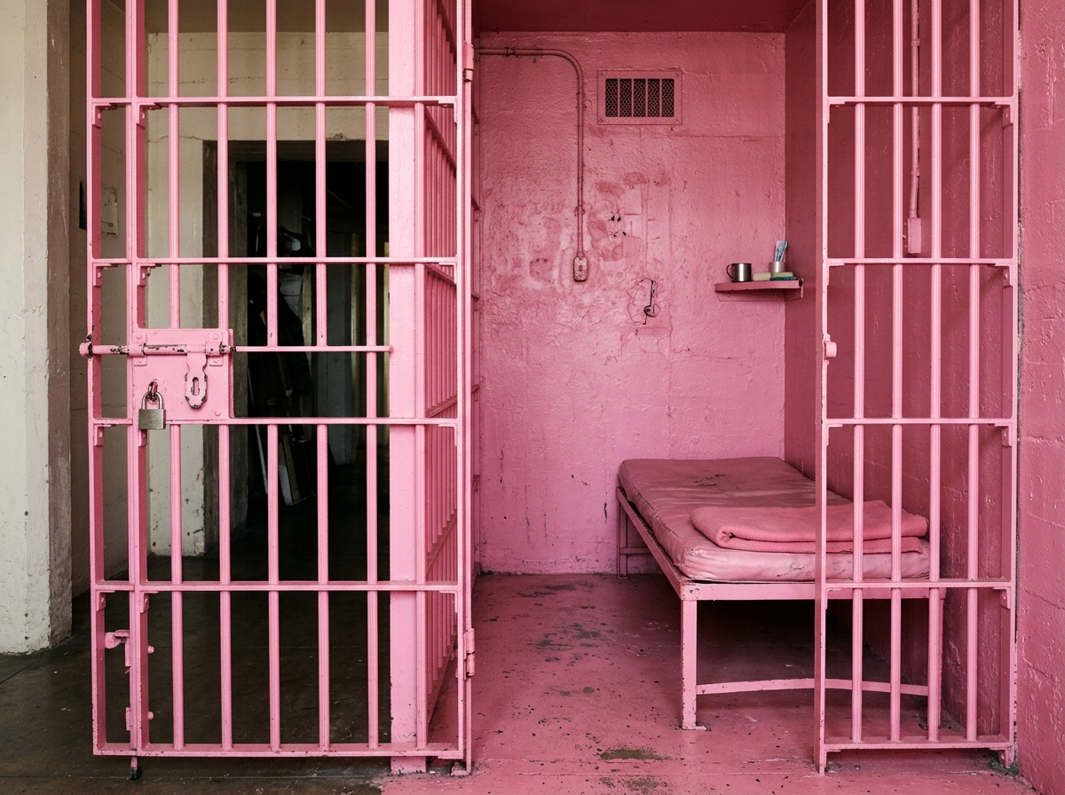 A prison cell painted entirely bright pink, featuring pink iron bars, walls, and a single cot with pink bedding.