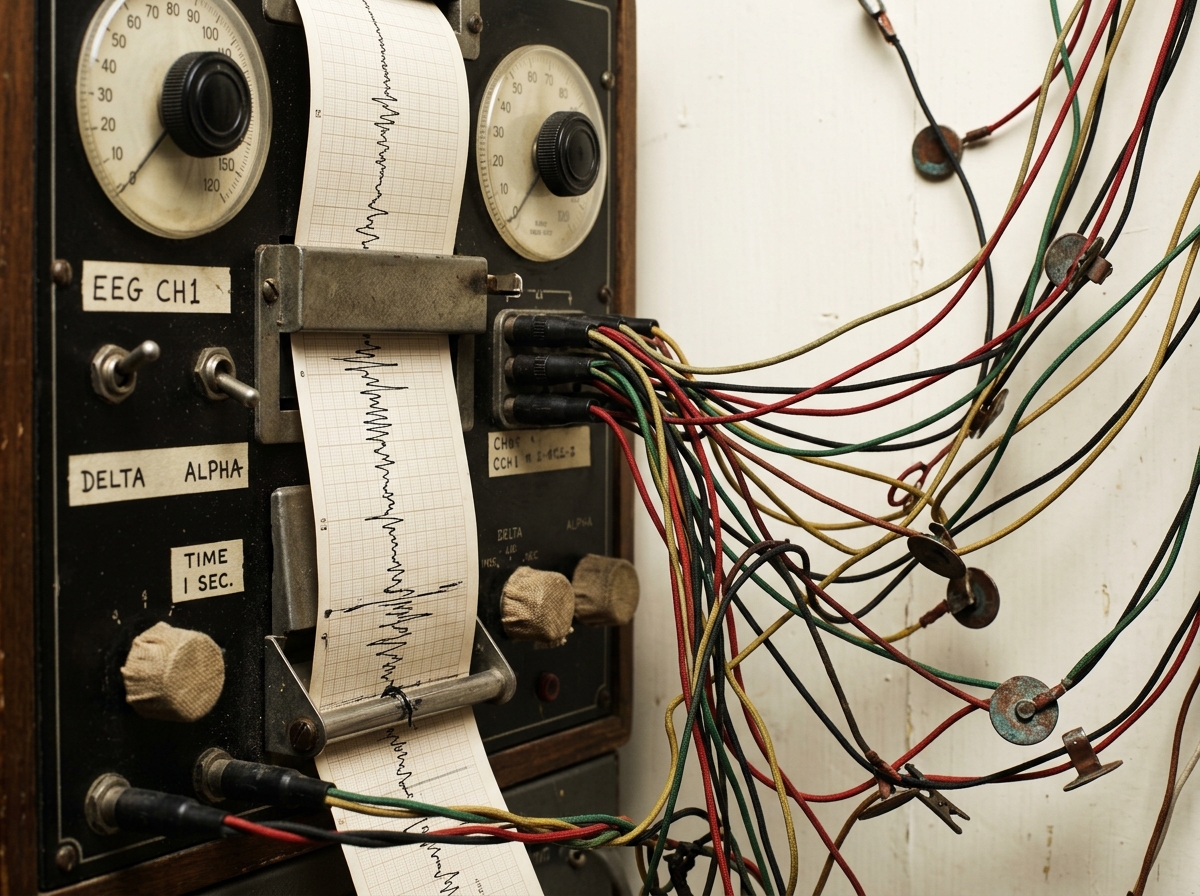 A vintage EEG machine records waveforms on a strip of chart paper, connected to a tangle of colored electrode wires.