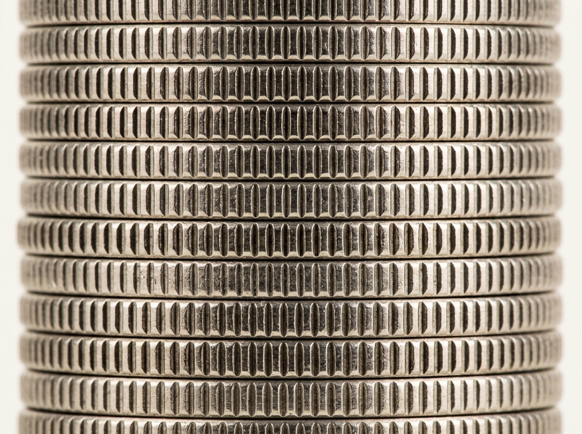 A stack of silver coins seen in close-up, showing the grooved ridges along their outer edges.