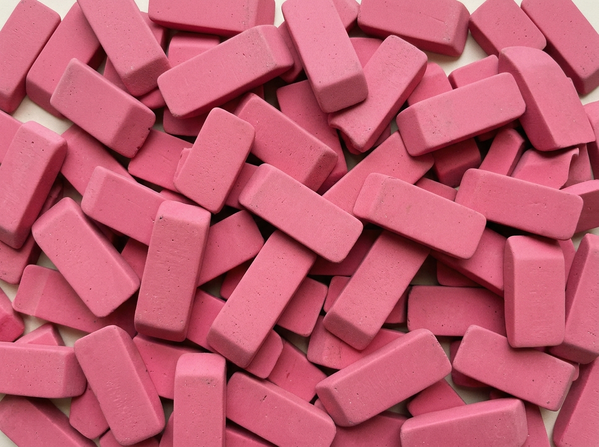 A scattered pile of classic pink rectangular pencil erasers with beveled ends fills the frame.