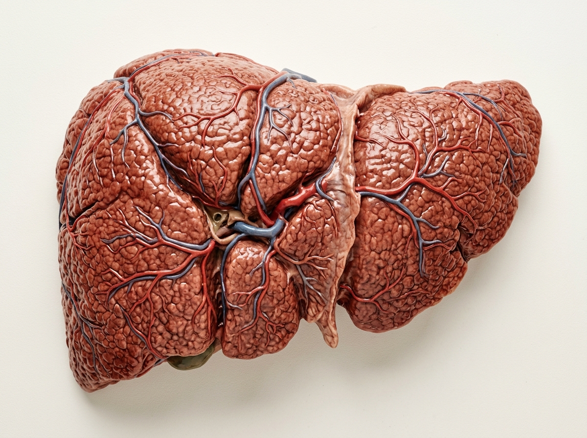 An anatomical model of a human liver, showing red and blue blood vessels branching across its reddish-brown lobes.