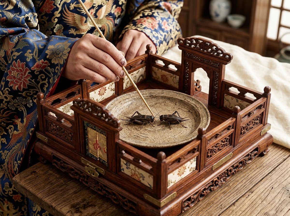 A person in ornate traditional robes uses a slender stick to provoke two crickets inside a decorative wooden arena.