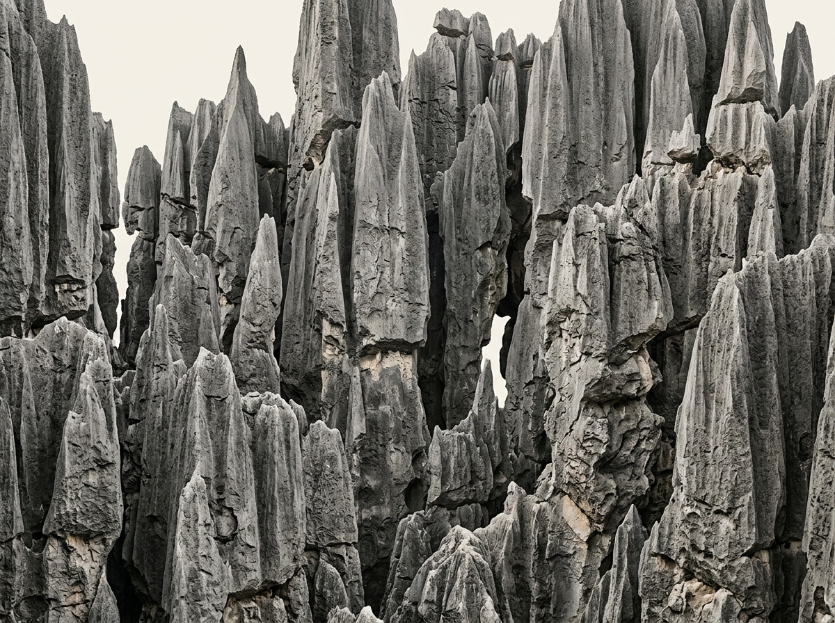 Dense, towering gray limestone karst pinnacles and sharp rocky spires with rugged, weathered textures.