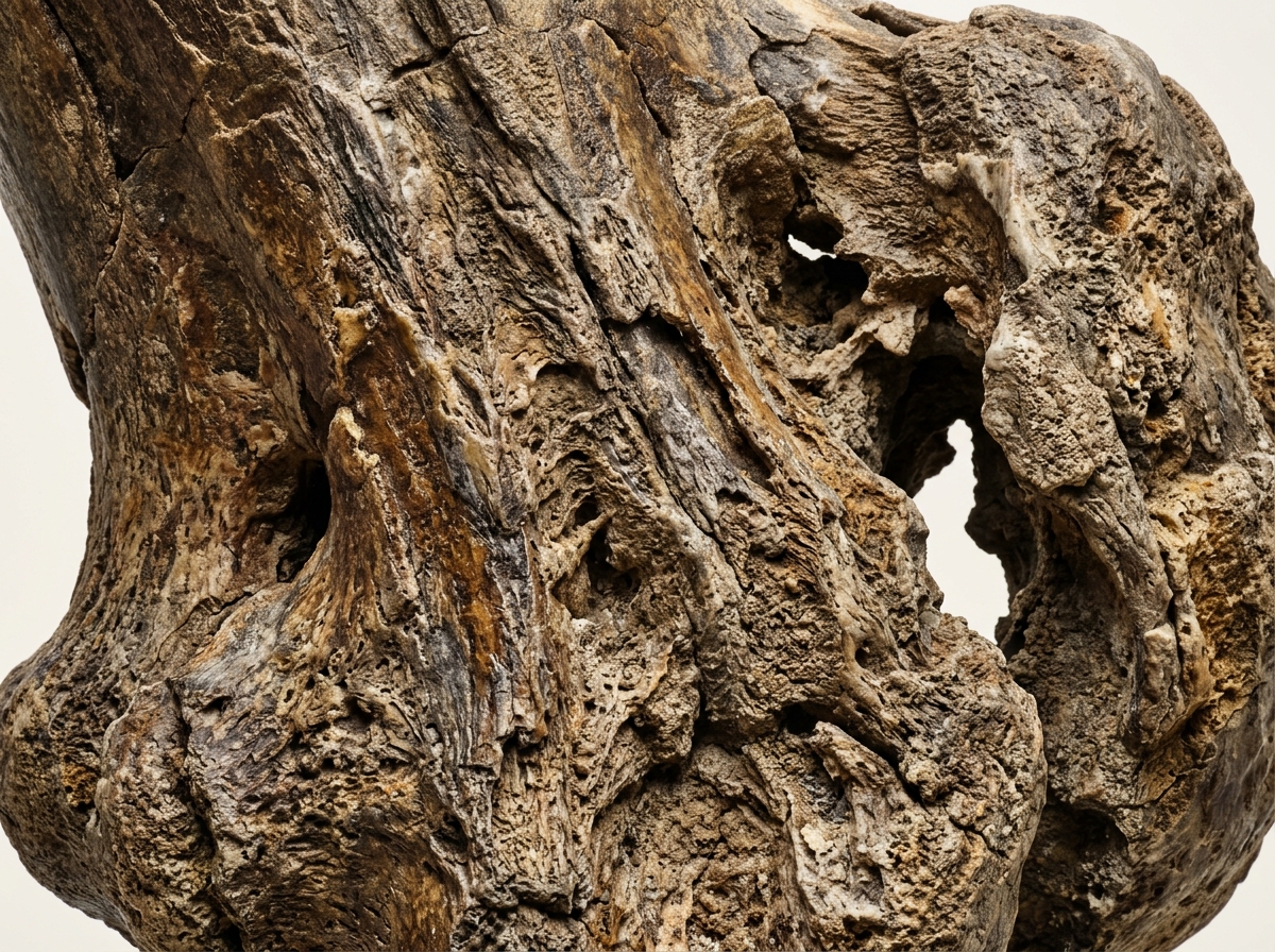 A weathered, porous fossil bone specimen with deep crevices, irregular cavities, and a rough, textured brown surface.