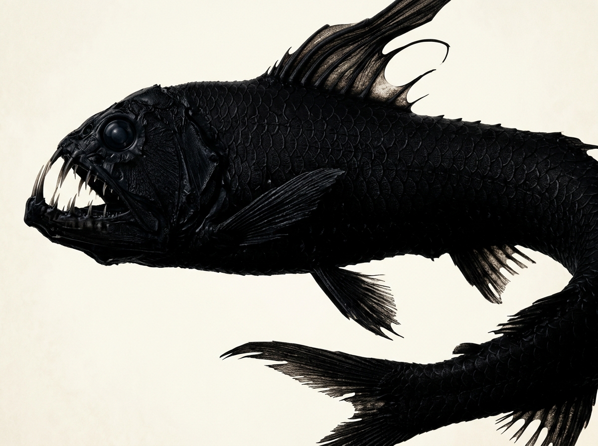 A deep-sea fish with jet-black skin, a gaping mouth full of sharp needle-like teeth, and fan-like fins.