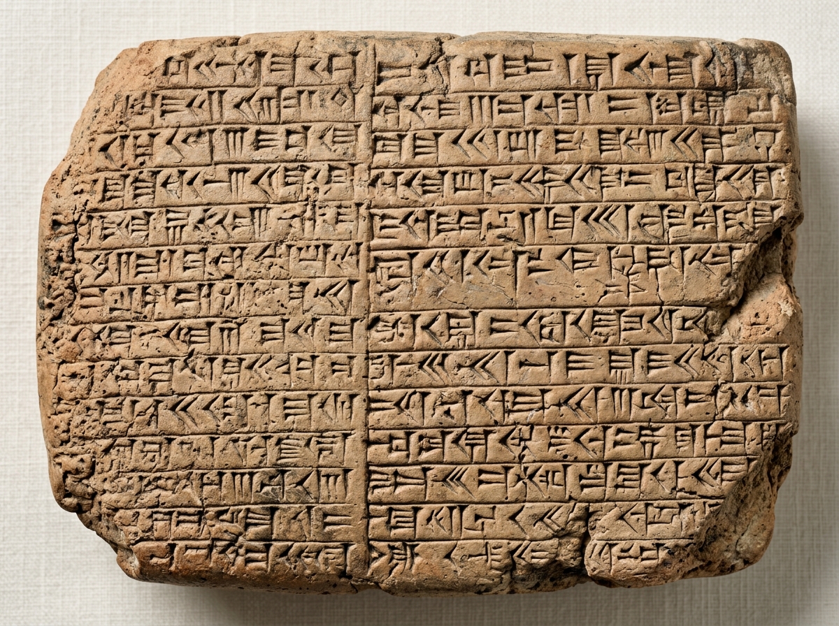 An ancient rectangular clay tablet inscribed with rows of cuneiform text, showing worn and chipped edges.