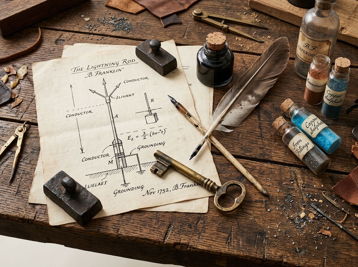 A sketch of a lightning rod by Benjamin Franklin rests on a wooden desk beside a quill, inkwell, brass key, and vials.