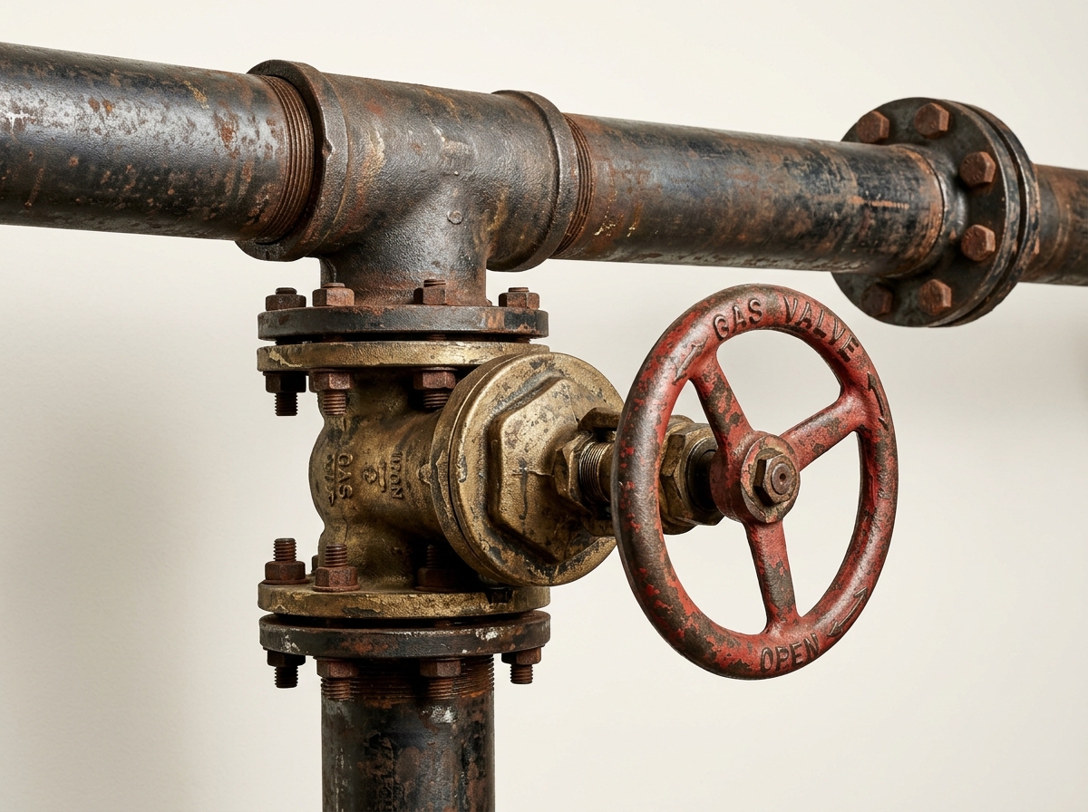 A weathered metal gas pipe assembly features a brass valve with a red handwheel embossed with the words "GAS VALVE".