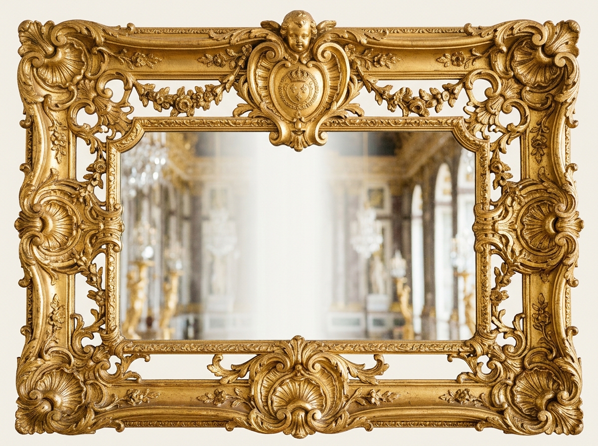 An ornate gilded frame with a cherub crest reflects the grand Hall of Mirrors lined with chandeliers.