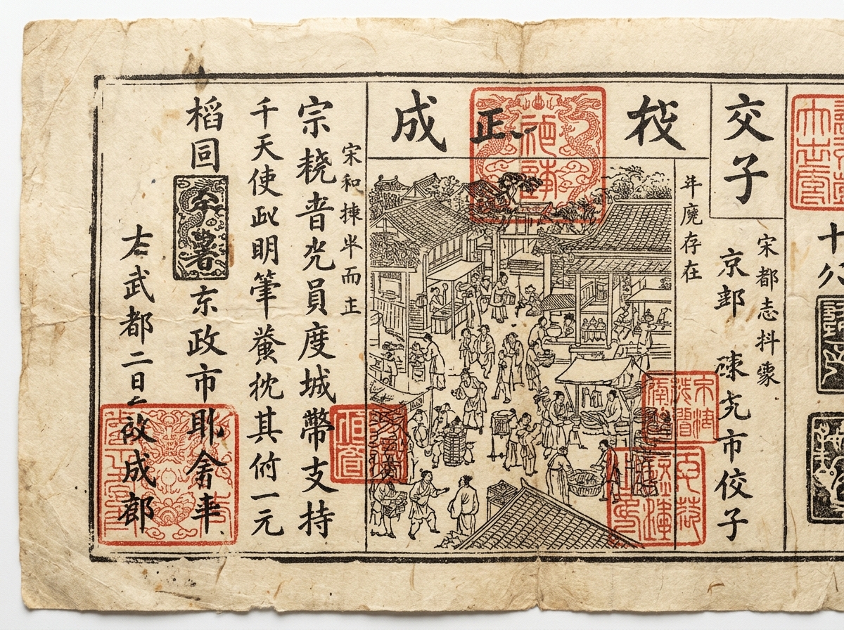 A vintage Chinese paper banknote labeled Jiaozi, featuring an engraved market scene, calligraphy, and red seal marks.