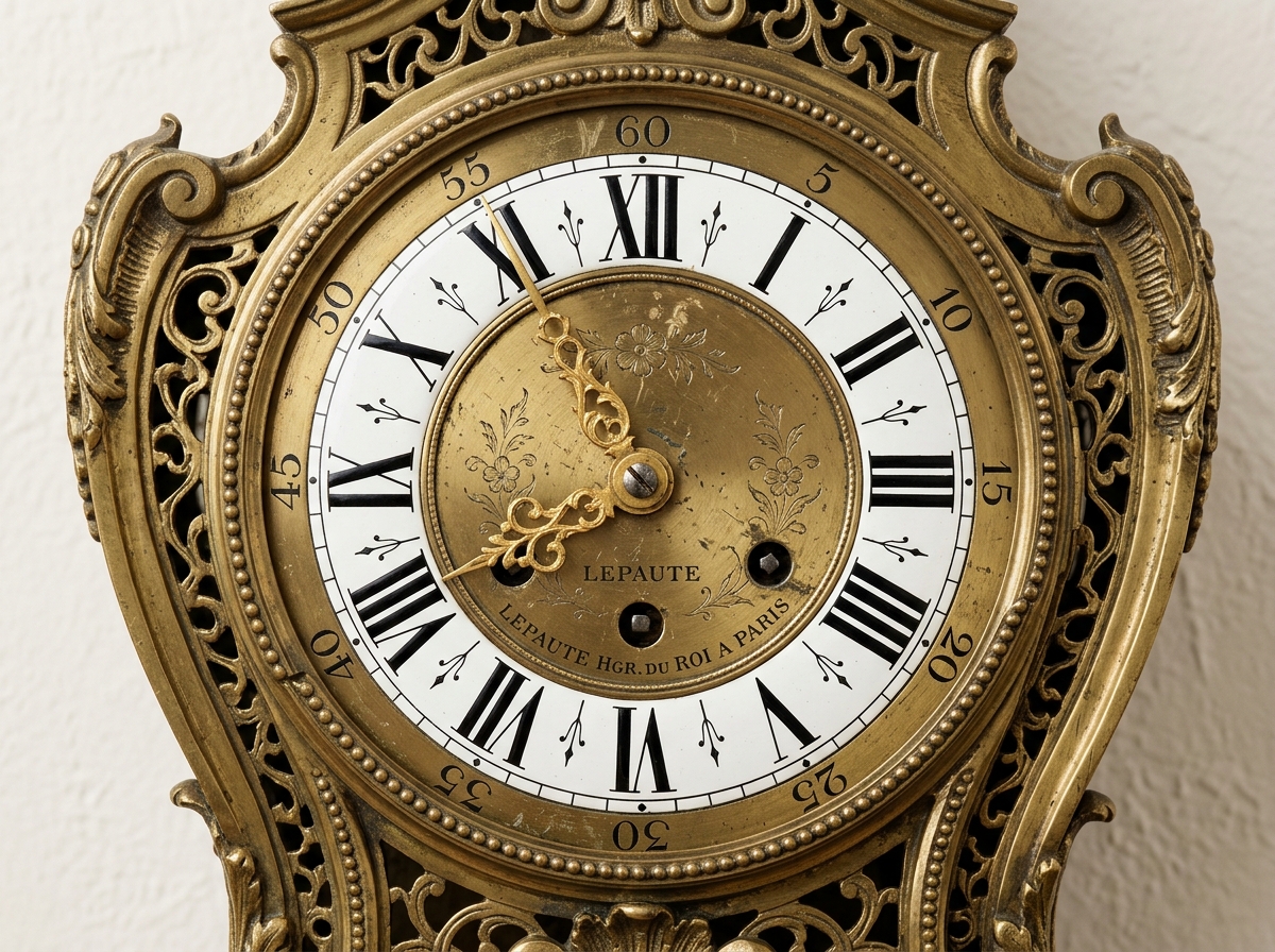 An ornate antique brass clock with Roman numerals on a white dial and decorative golden hands.